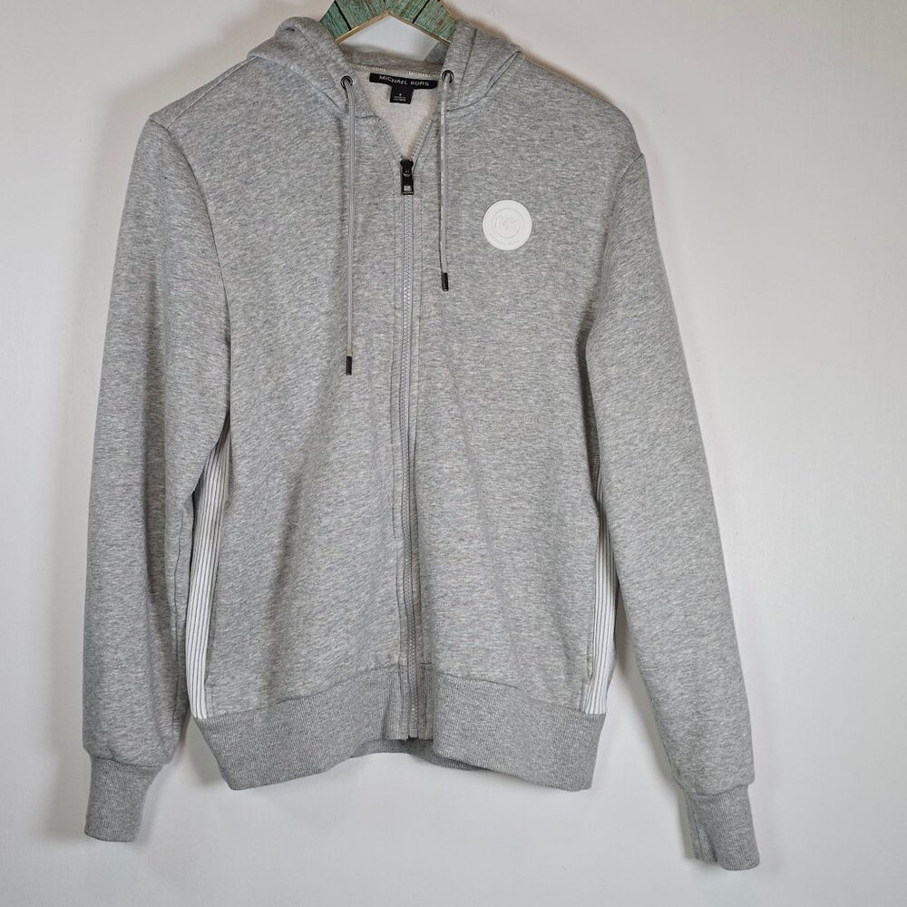 Michael Kors Men's Hooded Zippered Gray Sweat Jacket Tops, Gray, White, Sz Small